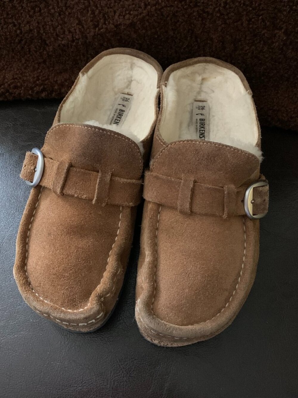 Birkenstock slid on - can use a good suede brush cleaning - cheaper than new